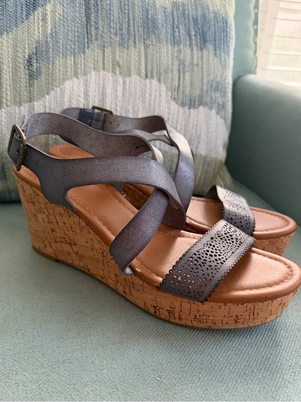 Nicole Black Cork Wedge Sandals with Perforated Front Strap